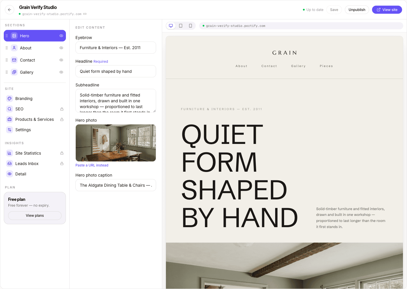 The Portify editor: a reorderable list of sections on the left, a content form for the selected section in the middle, and a live preview of the site on the right with desktop, tablet and mobile controls above it